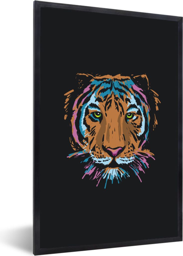 MuchoWow MuchoWow Gerahmtes Poster Tiger - Malerei - Schwarz 40x60 cm - Poster mit zchwarzem Bilderrahmen - Papierdruck - Wandbilder
