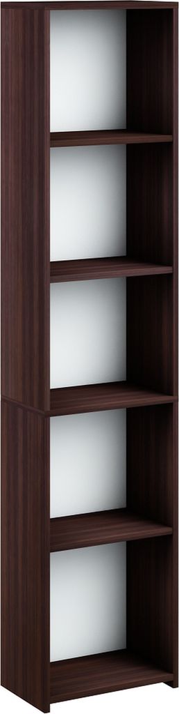 A tall, narrow, dark brown bookshelf with five shelves against a white background.