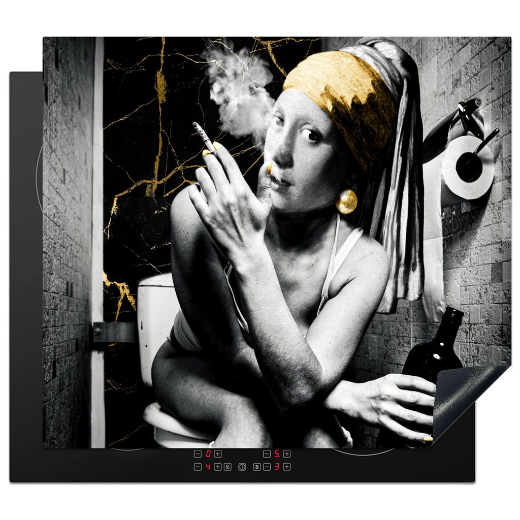 KitchenYeah Herdabdeckplatte Marmoroptik - Mädchen mit Perlenohrring - Zigaretten - Toilette - Gold - Kunst - Alte Meister , 58x51cm, Küche Dek...