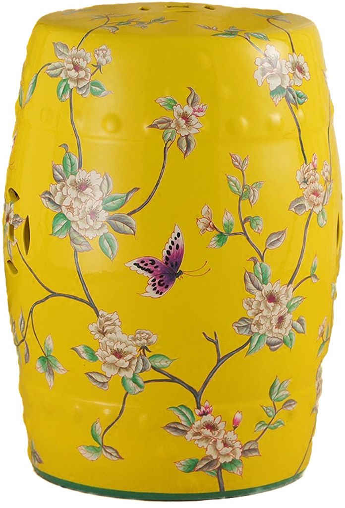 Fine Asianliving Keramik Hocker Gelb Blumen Handgefertigt - Emelyn D30xH45cm