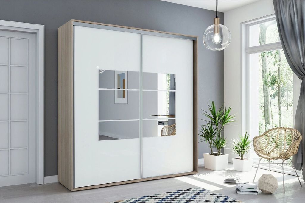 Kleiderschrank mit Spiegel 230/215 ANASTACIO – Eiche sonoma / weiß