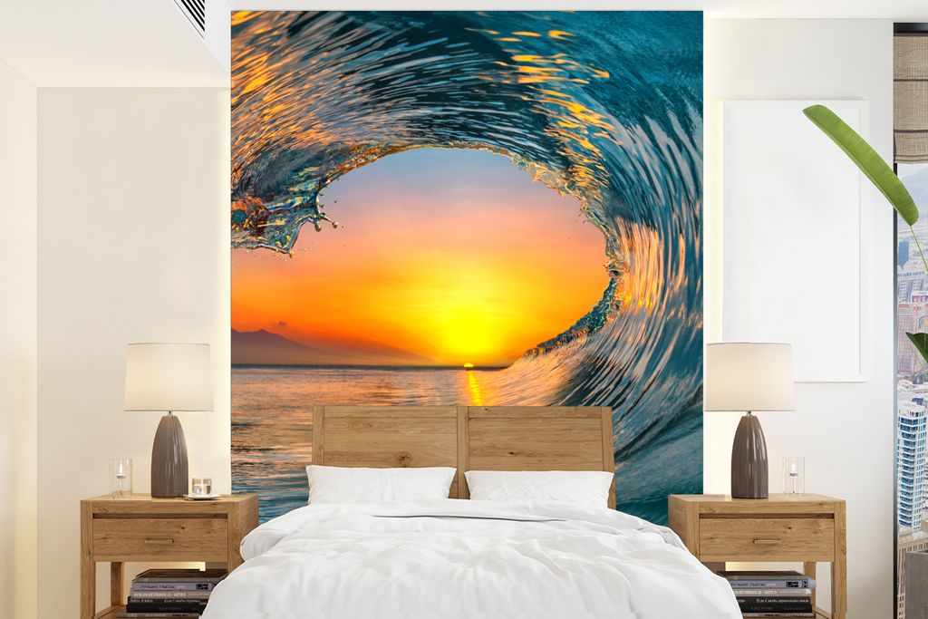 MuchoWow Fototapete für Wohnzimmer oder Schlafzimmer Wandtapete Vinyl Motivtapete Sonnenuntergang - Wasser - Welle - Orange - 195x260 cm - Wandbild