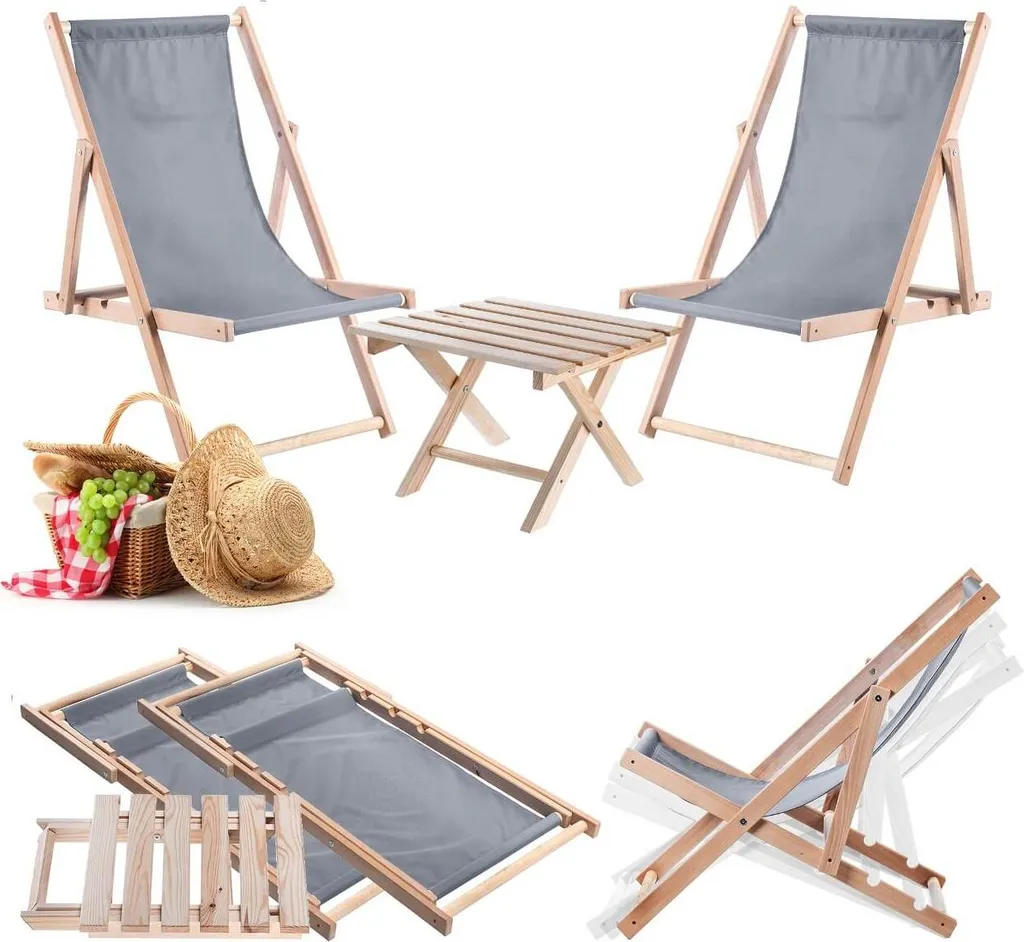Set 2 Sdraio Pieghevoli e Tavolino KADAX Legno Faggio e Grigio - 2