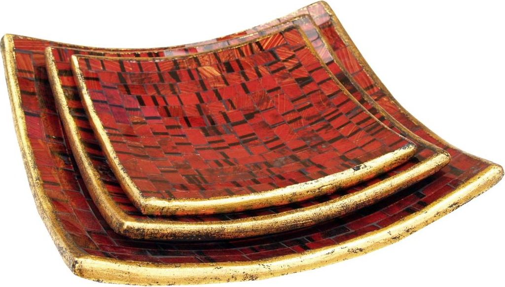 Eckige Mosaikschale, Untersetzer, Dekoschale, Handgearbeitete Keramik & Glas Obst Schale - Design 2, Orange, Keramik,Glas, Größe: 3`er Set