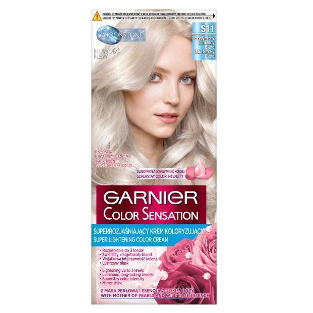 A box of Garnier Color Sensation hair dye with a model showcasing the hair color.