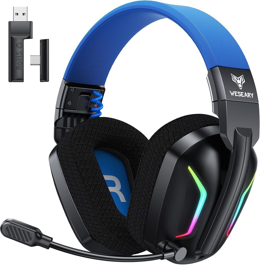 Gaming Headset für PS5, PS4, PC, Switch, Handy, Mac, Laptop, 2,4 GHz mit Noise Cancelling Mikrofon, 60H Akku, LED-Licht, Faltbar, Surround Sound
