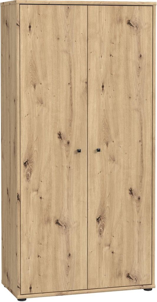 A freestanding wooden cabinet with two doors.