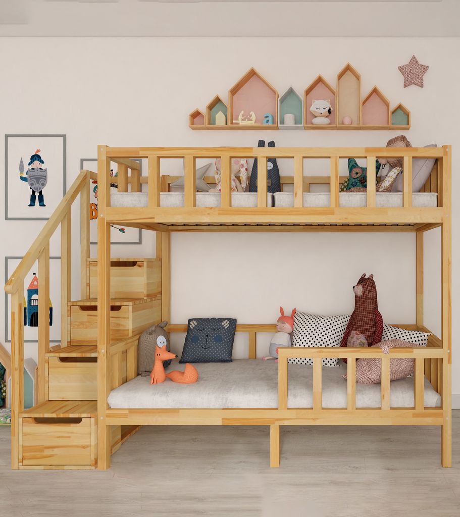 A wooden bunk bed with a staircase and storage drawers, decorated with stuffed animals and wall art.
