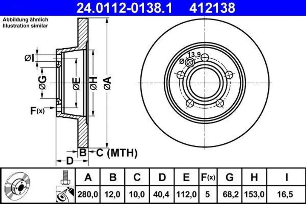Disque de frein avant ventilé compatible Transporter IV T4 ATE 280mm