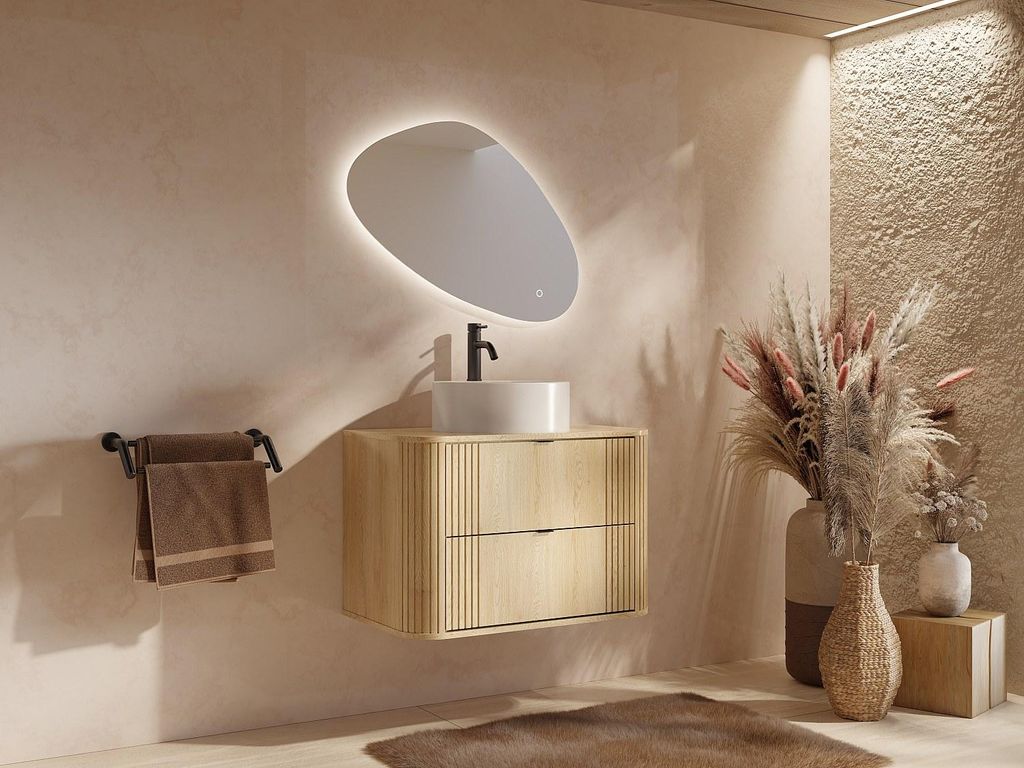 Hängender Badschrank mit Aufsatzwaschbecken rund - Helles Naturholz - 80 cm - FILOR