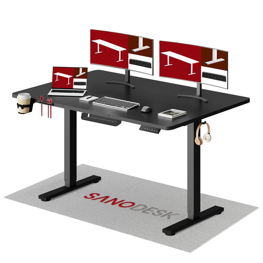 SANODESK Höhenverstellbarer Schreibtisch Upgrade 140×60cm 4 Memory-Funktion Becherhalter Haken Kabelmanagement 70kg Tragkraft Kollisionsschutz Sc...
