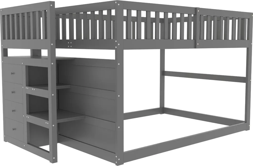 Lit superposé bas 140x200 cm OKWISH en bois massif gris avec rangement