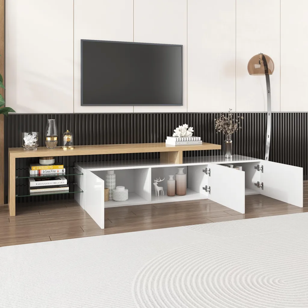 Meuble TV Long 197 cm Blanc LED pour Grand Salon et Rangement Multimédia