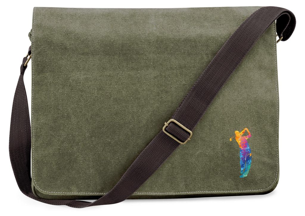 Huuraa Umhängetasche Golf Spieler bunte Silhouette 14 Liter Military Green Canvas Laptoptasche Geschenkidee