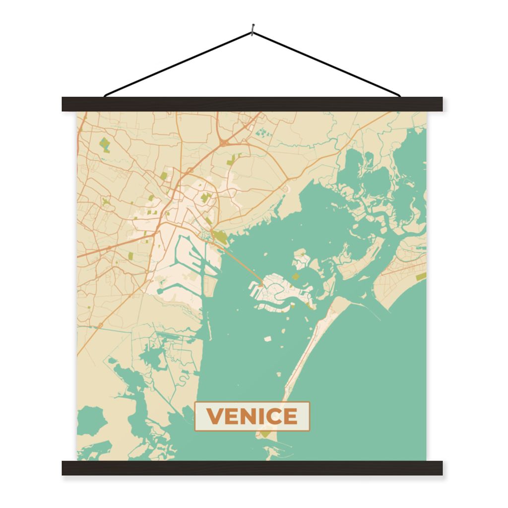 MuchoWow Textilposter Venedig - Stadtplan - Karte - Vintage 120x120 cm mit schwarzem Rahmen - Aufhängungsset