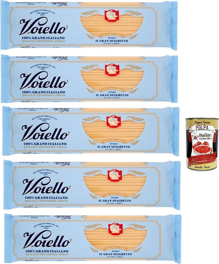 5x Voiello Pasta Il Gran Spaghetto Nudeln 100% italienische N105, 500g + Italian Gourmet Polpa 400g