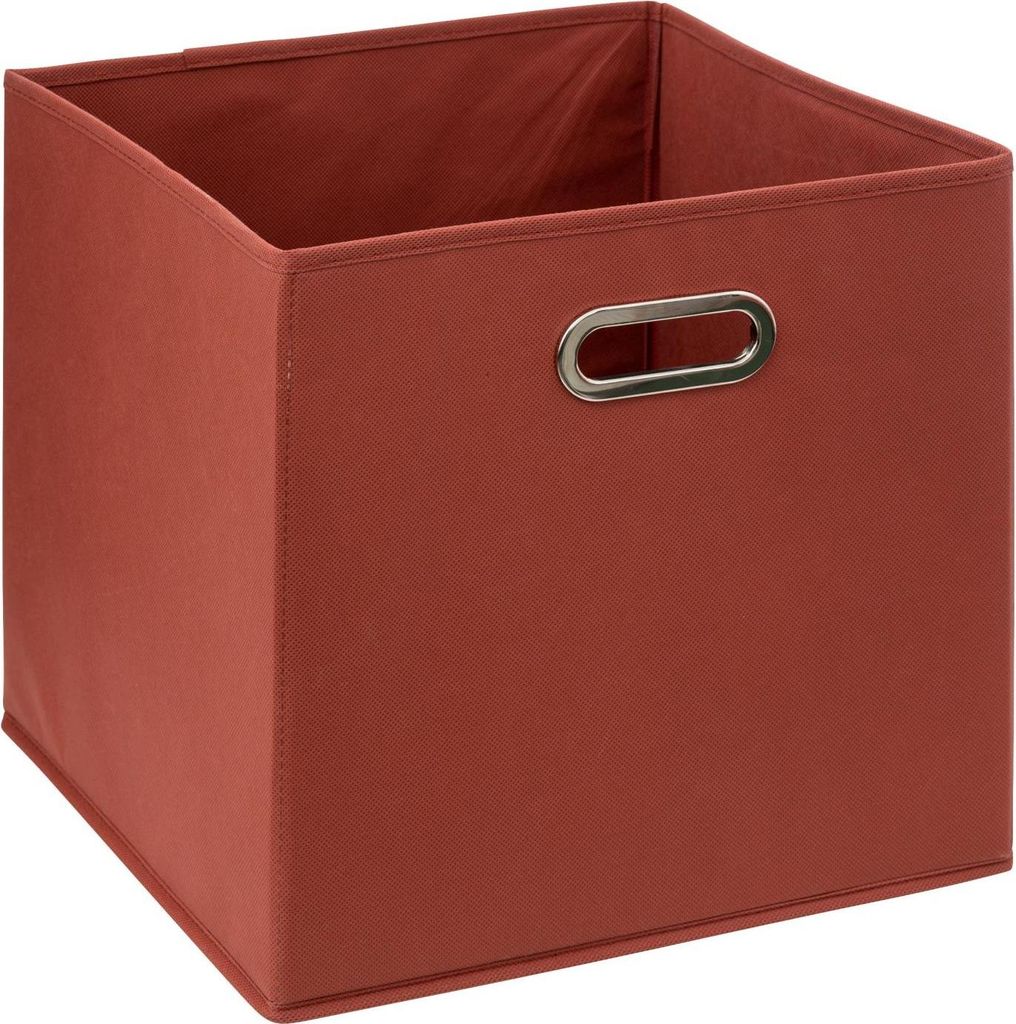A single, empty, red fabric storage box with silver handles is shown against a white background.