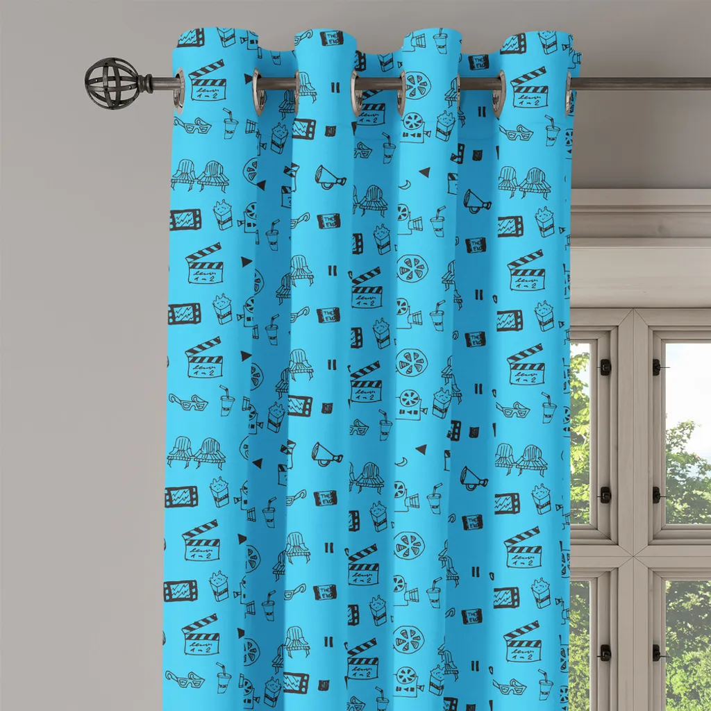 ABAKUHAUS Tenda con occhielli blu e nera, iconografie cinematografiche e teatrali scarabocchiate, macchina fotografica, sedie, popcorn, valvola a cerniera, tende decorative a 2 pannelli, 280 cm x 175 cm, azzurro e nero - 4
