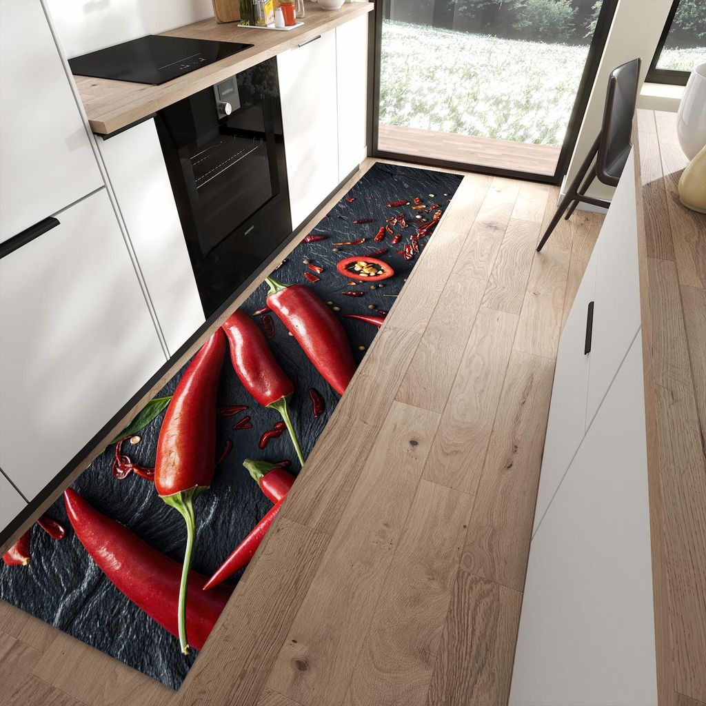 Küchenteppich 60x300cm rutschfest & abwischbar PVC Läufer - Rote Chili Schoten