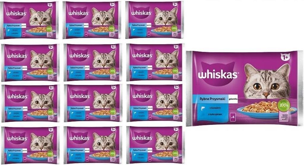 Whiskas Adult 1+ Fisch-Auswahl in Gelee mit Lachs und Thunfisch, 52 Portionsbeutel, 13x4x85g