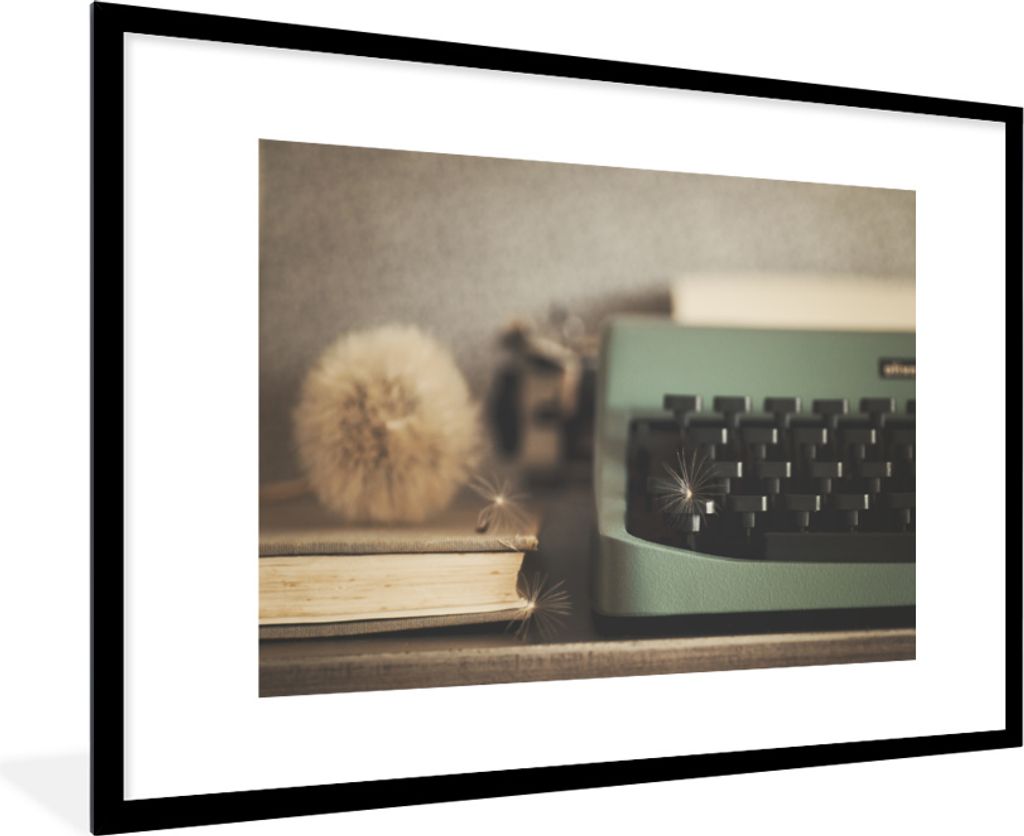 MuchoWow MuchoWow Gerahmtes Poster Schreibmaschine - Vintage - Löwenzahn 90x60 cm - Poster mit zchwarzem Bilderrahmen - Wanddekoration - Fotos