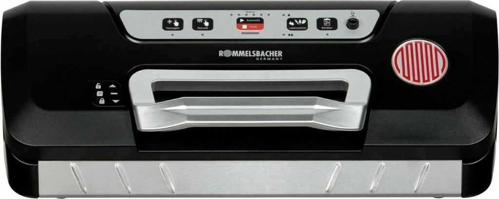 A black and silver vacuum sealer machine is shown from the front.