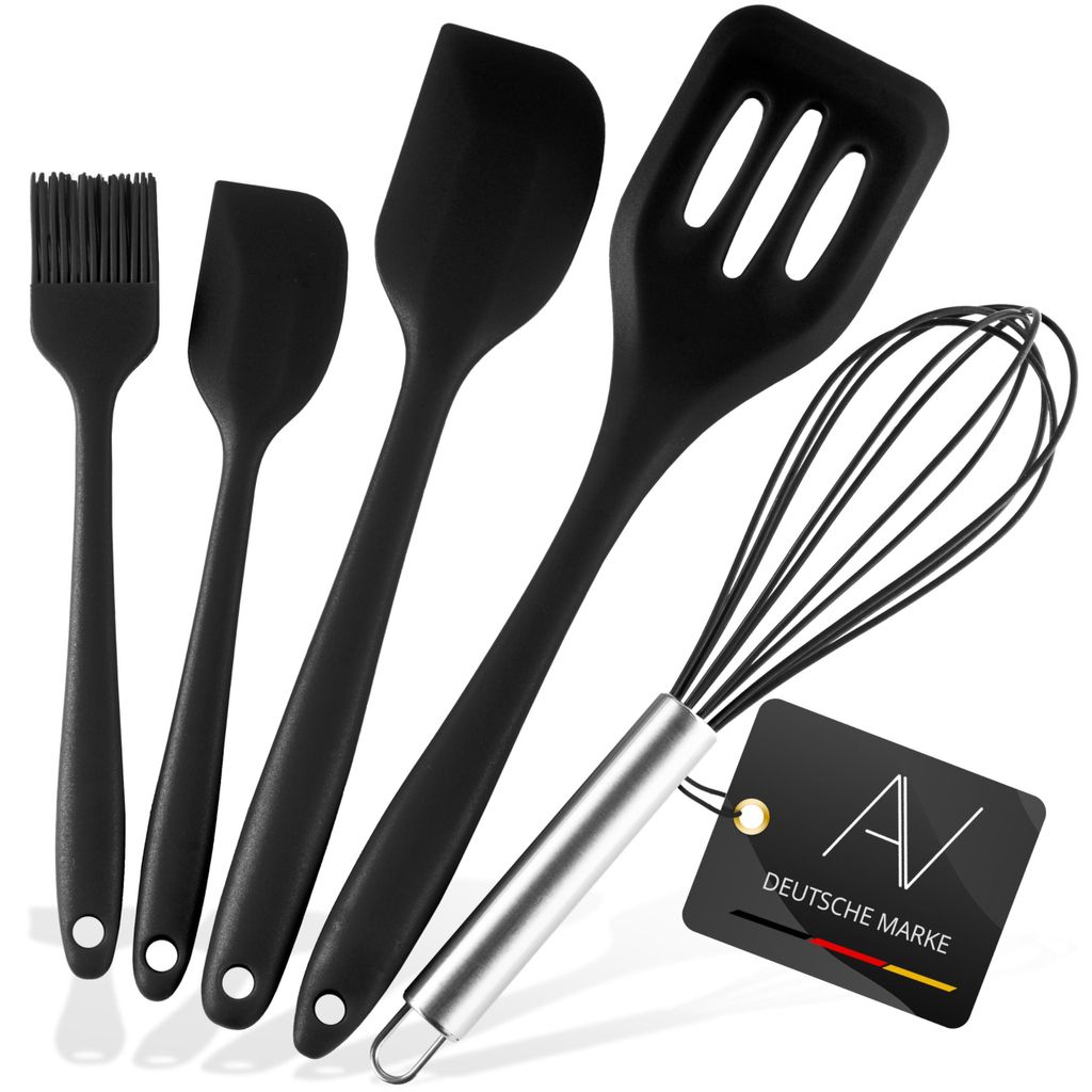 Küchenutensilien-Set, 5-teilig, hitzebeständige Kochutensilien, Antihaftbeschichtung: Schneebesen, Spatel, Backpinsel, Wender (schwarz)