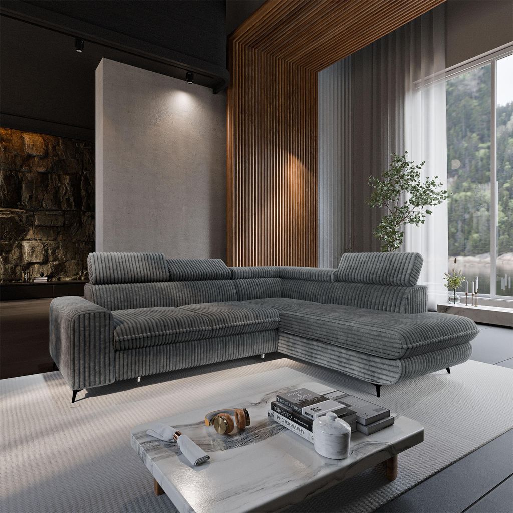 Masseno Ecksofa VELISS mit Schlaffunktion L-Form, Sofa mit Bettkasten, Wohnzimmersofa, Couch, Soffa, Bettsofa, Couchgarnitur- Grau, TILIA 90