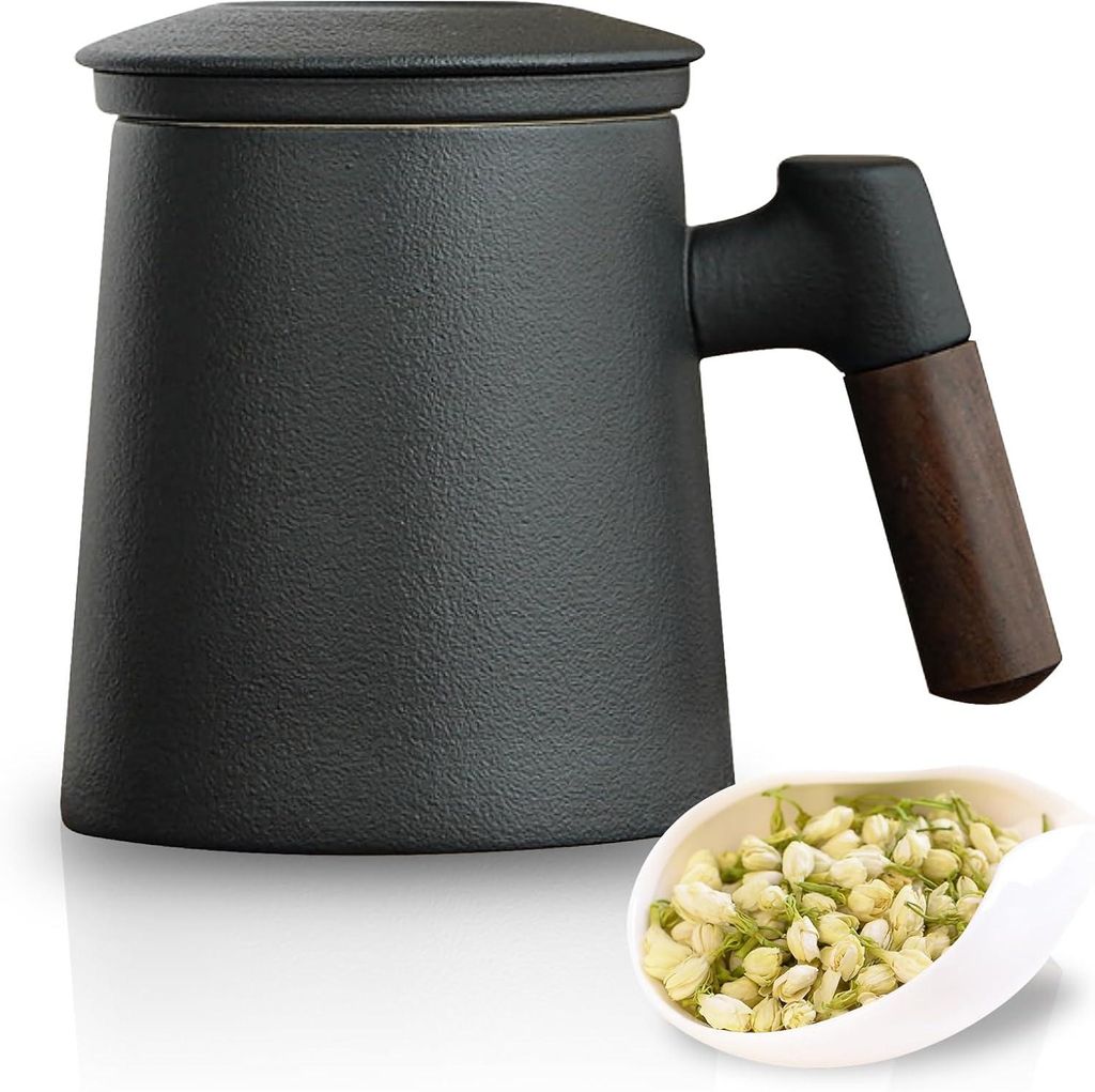 Matte Keramik-Teetasse, 400 ml, Holzgriff, Teesieb, handglasiert