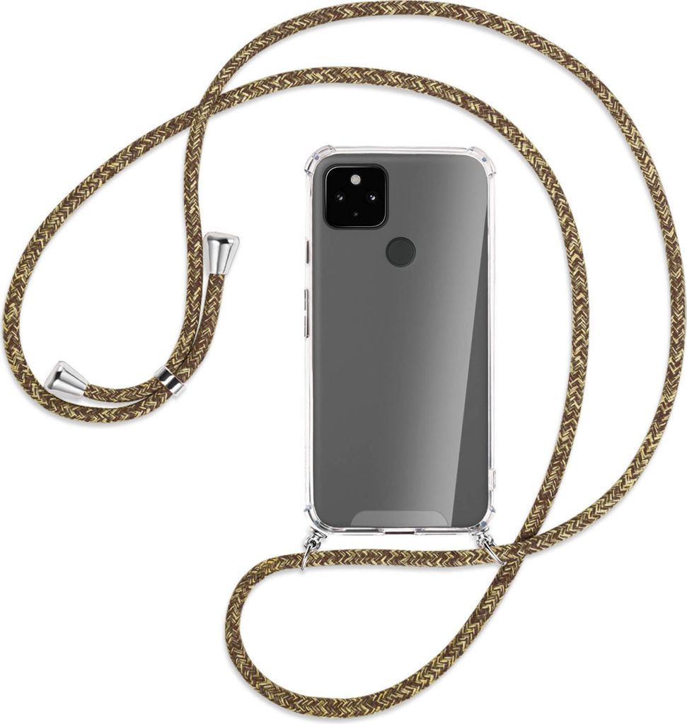 Handykette Backcover-Schutzhülle mit Band (Metall silberfarben) für Google Pixel 4a 5G - braun+beige