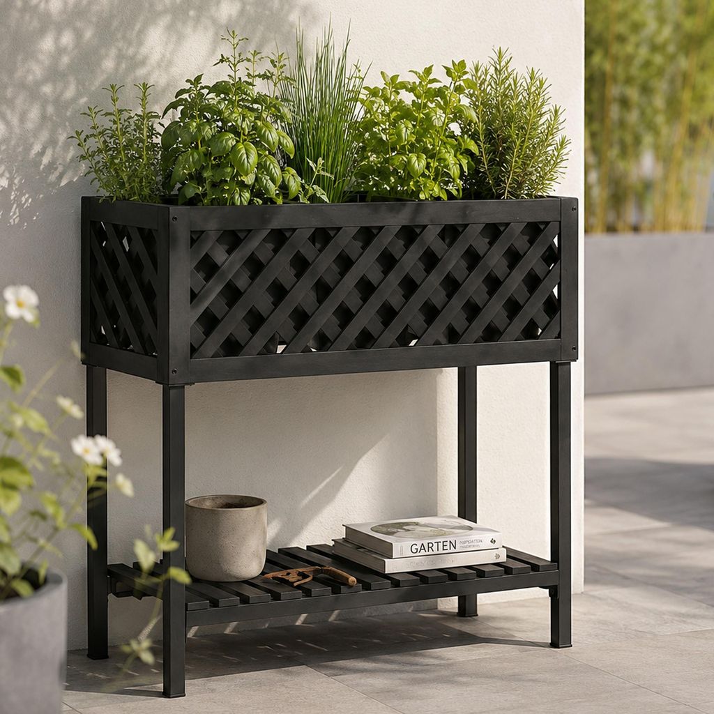 Pflanzkasten MCW-P86, Blumen-/Pflanzkübel Blumenkasten, In-/Outdoor Akazie Holz MVG- 78x82x32cm schwarz