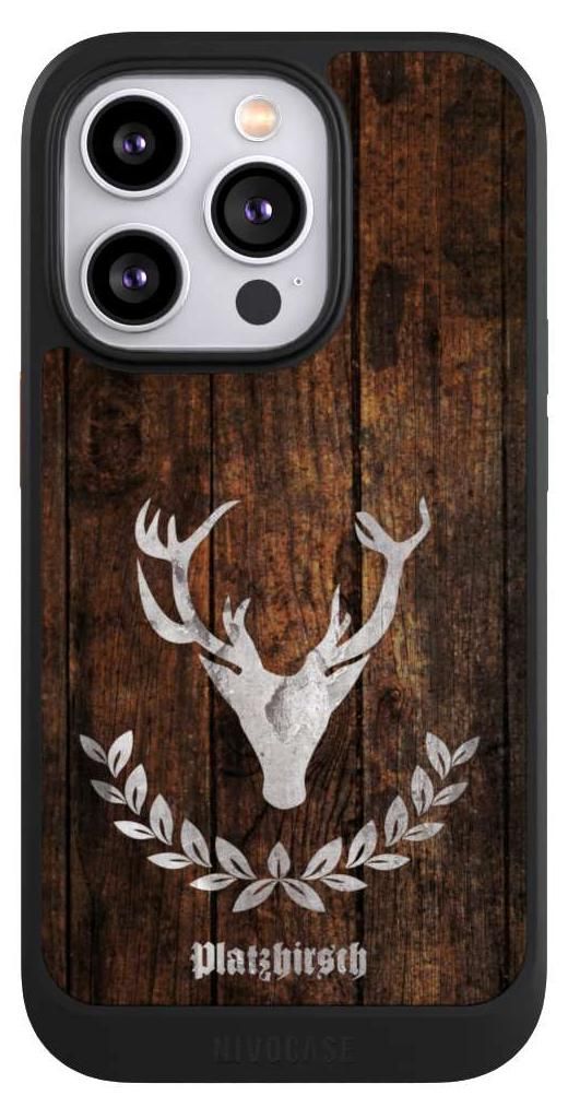 NIVOCASE Hülle für Apple iPhone 14 Pro Handyhülle NIVOcore Case Schwarz Hirsch Holz Holzoptik