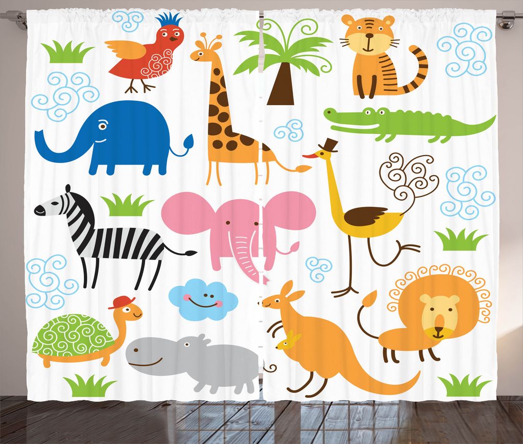 ABAKUHAUS Tier Rustikaler Gardine, Safari Giraffe Elefant, Schlafzimmer Kräuselband Vorhang mit Schlaufen und Haken, 280 x 225 cm, Bunt