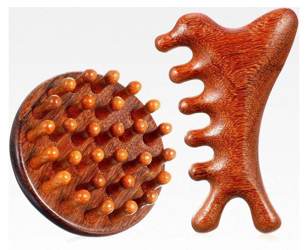 2 Stück Holz Kopfhaut Massagebürste aus Sandelholz, tragbare manuelle Haarmassagebürsten für Männer und Frauen, Gua Sha Kamm zur Stimulation d...