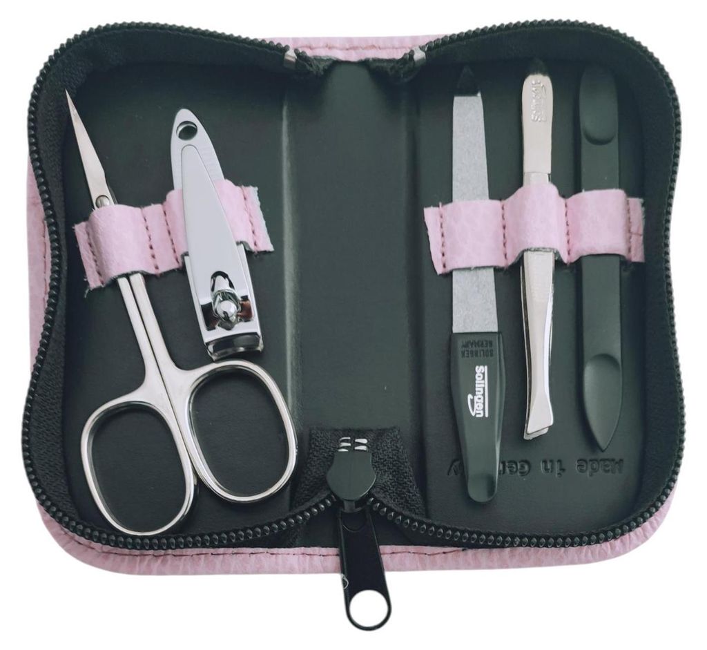 5-tlg Maniküre-Set aus Echtleder – Germany | Solingen Instrumente im Etui Rosa