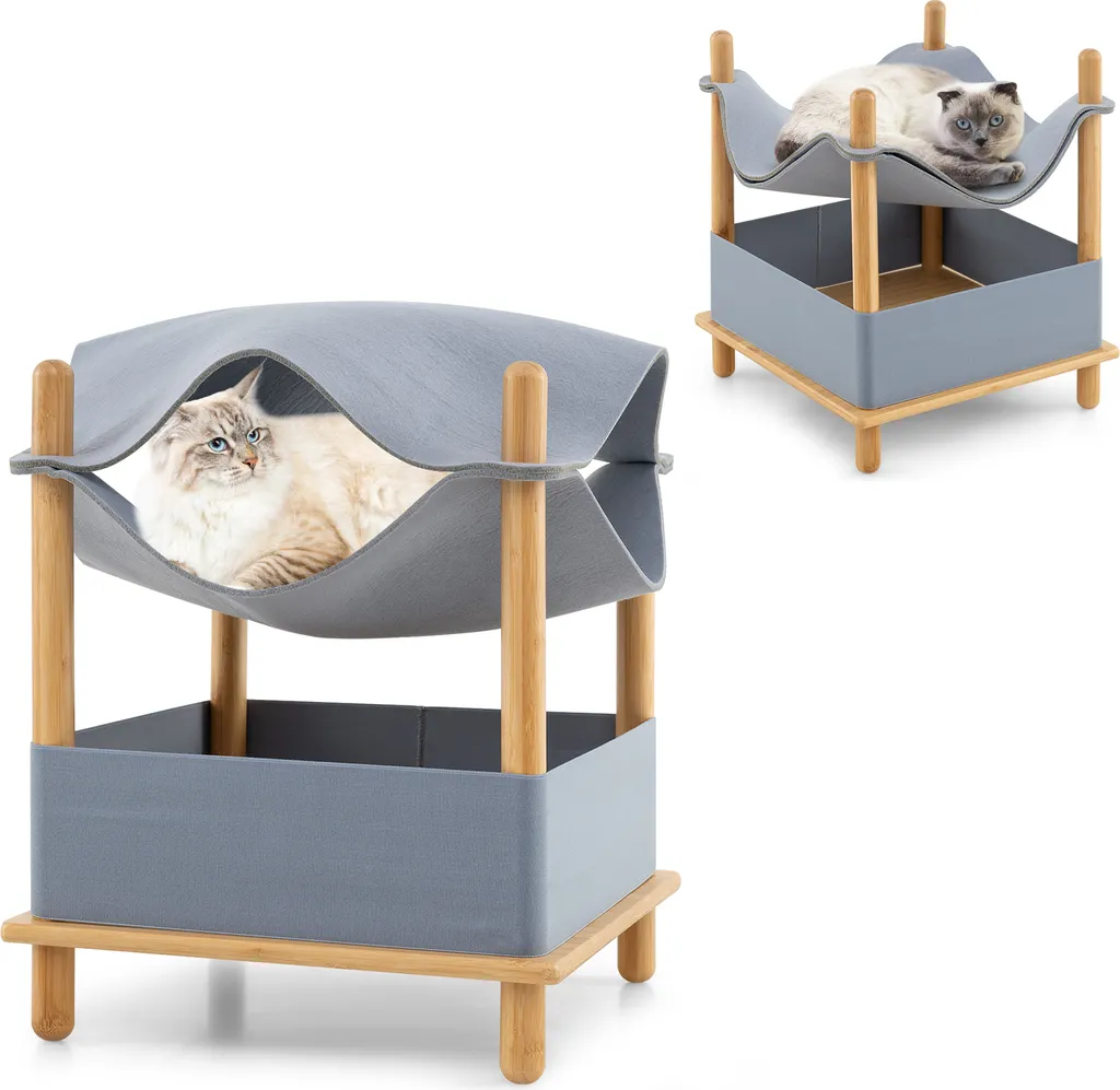 COSTWAY Maison pour chat 2 étages en bambou 40x40x53cm avec hamac