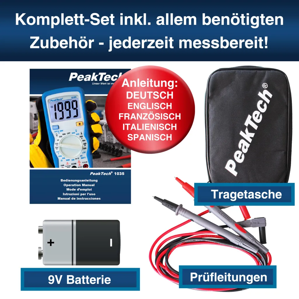 Multimètre PeakTech 1035 avec rétroéclairage et test de batterie intégré 9V - 8