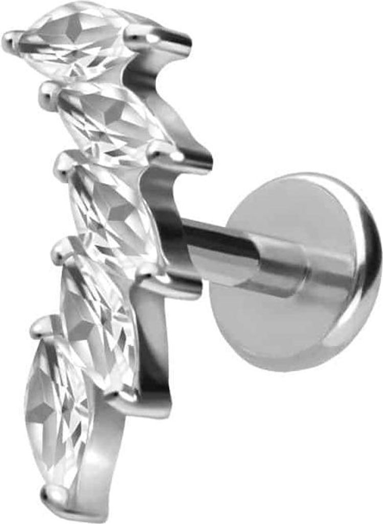 Ohrpiercing, Nasenpiercing Titan Labret mit Push Fit 5 EINGEFASSTE KRISTALLTROPFEN Silber Stablänge: 6mm | Stabstärke: 1mm