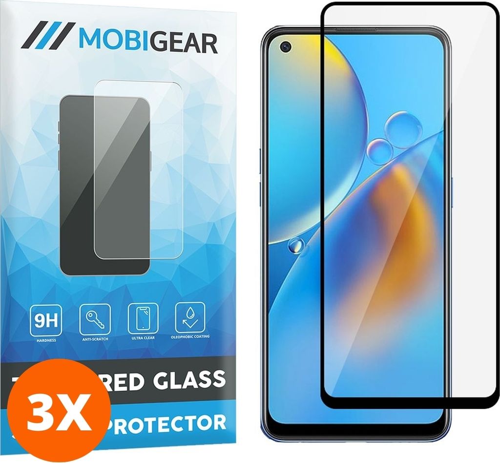 Mobigear Premium 9.98 OPPO A74 4G Panzerglas Gehärtetes Glas Displayschutz - Hüllenfreundlich - Schwarz (3er Pack)