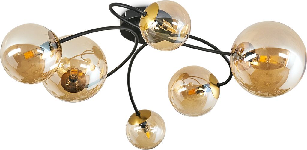 Isorella Deckenlampe aus Metall/Glas in Schwarz/Goldfarben/Bernsteinfarben
