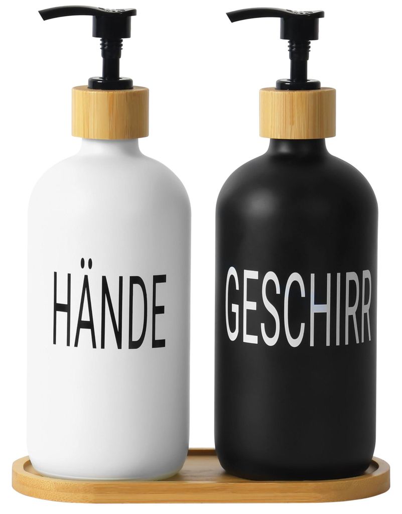 Seifenspender-Set aus Glas (2-teilig) – Nachfüllbare Spender in Schwarz und Weiß für Handseife und Spülmittel – Pumpaufsätze und Tropfscha...