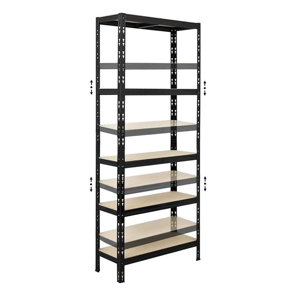 A black metal shelving unit with light brown shelves against a white background.
