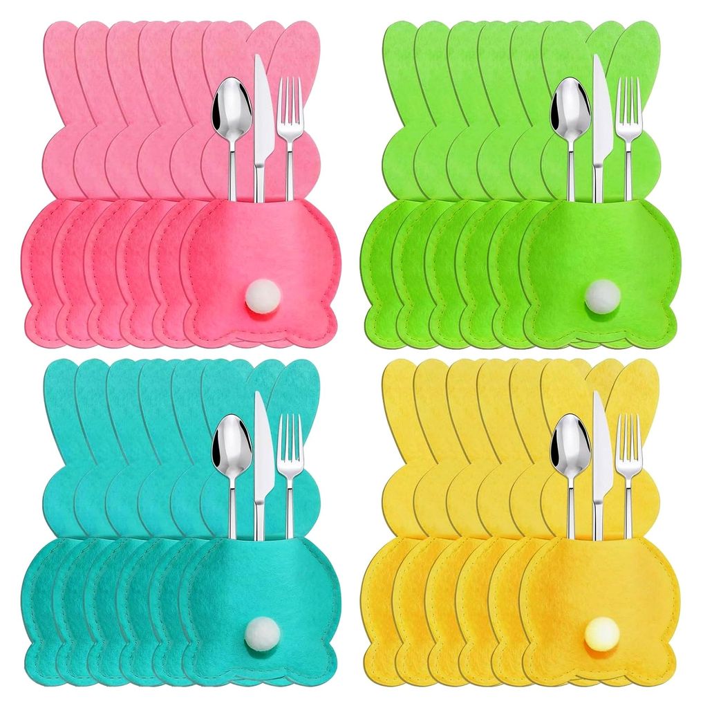 Bestecktaschen Ostern, 24 Stück, Filz Hase, Tischdeko Ostern, Besteckhalter für Messer, Gabeln und Löffel