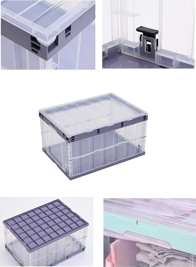 Bacs pliables robustes violets 55L avec couvercle - Rangement empilable