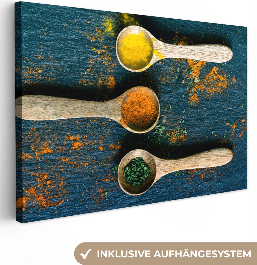OneMillionCanvasses - Leinwandbilder - 150x100 cm, Gewürze - Löffel - Kräuter - Braun - Gelb - Grün, Wandbilder Kunstdruck Wanddekoration