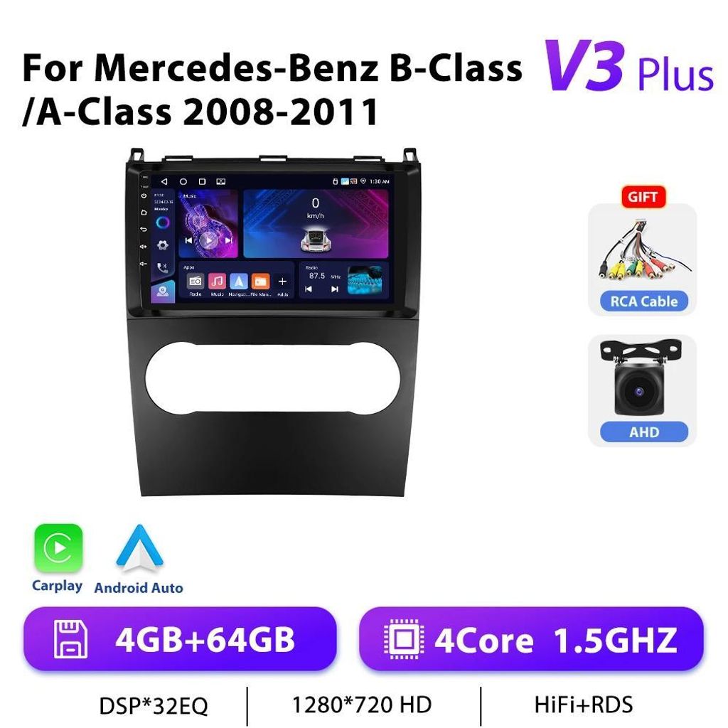 Android Autoradio - 2-DIN für Mercedes A-/B-Klasse 2008–2011 - 23 cm Display - Android 13 - 4+64 GB - 1,5 GHz - AHD-Kamera - GPS
