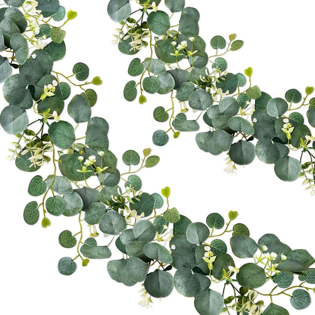 2 Stš¹ck Eukalyptus Girlande, Kš¹nstliche Girlande Pflanze 1,8m H?ngend Grš¹ne Bl?tter Deko mit Wei?en Blumen Silberdollar Eukalyptusranke f...