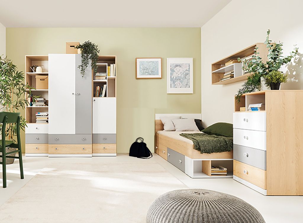 Jugendzimmer Set in Eiche mit weiß und grau PINETO-133, Produktbild 