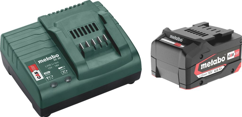 A battery charger and a battery pack are shown side-by-side on a white background.