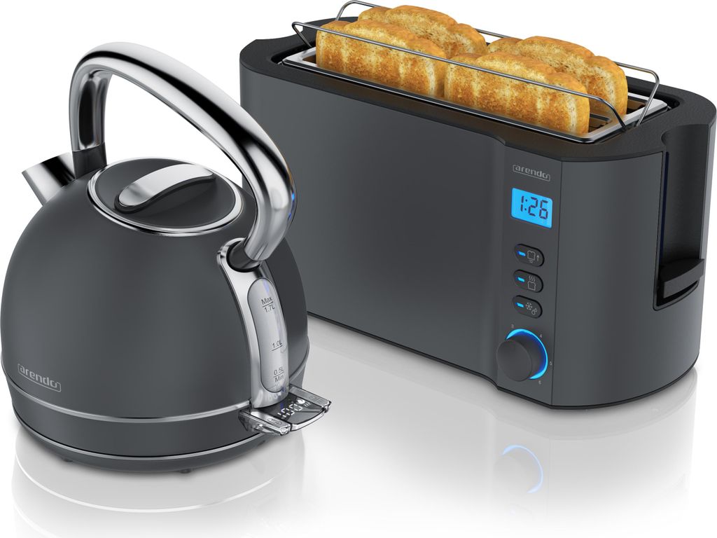 Arendo Frühstücks-Set Edelstahl, Wasserkocher mit Temperatureinstellung 1,7l, 4 Scheiben Langschlitztoaster, 4 Scheiben Toaster, Brötchenaufsatz...